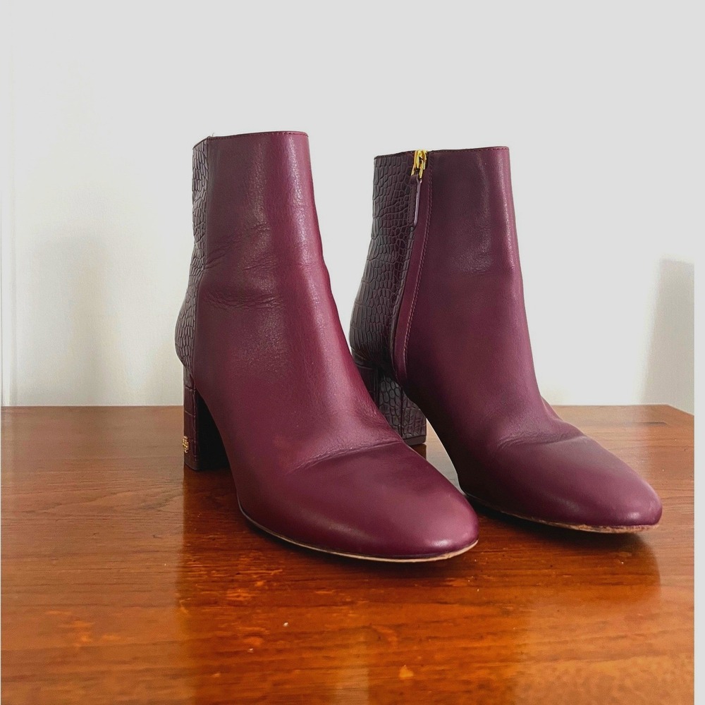Tory Burch Brooke 70MM Bootie Women 9M Burgundy Leather Croc Embossed Block Heel